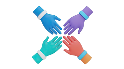 Four colorful hands reaching towards each other in unity