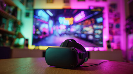 Experiencing virtual reality with immersive technology in a colorful gaming setup