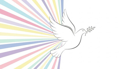 A white dove flying with an olive branch in its beak against a vibrant multicolored sunburst background symbolizing peace and harmony with symbolic