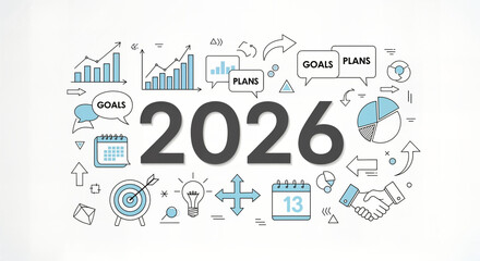 2026 Business Planning Line Art with Icons - Strategy, Goals, Analytics and Tech Outline Illustration

