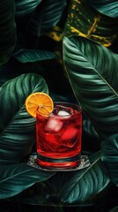 Elegant negroni cocktail nestled among lush green leaves for a refreshing summer escape