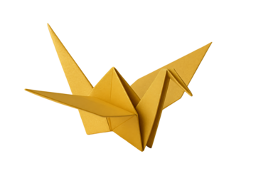 Golden paper origami crane bird folded precisely with minimal geometric design symbolizing peace hope creativity and japanese culture concept crafted from bright textured material on black background