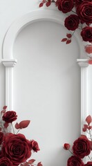 Elegant wedding invitation card with beautiful arched frame and deep red roses, perfect for a romantic celebration in any season