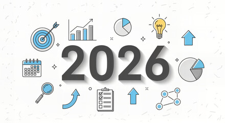 2026 Business Planning Line Art with Icons - Strategy, Goals, Analytics and Tech Outline Illustration

