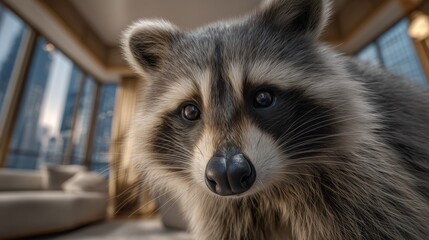 Close encounter with a curious raccoon in a modern urban living space during daylight hours