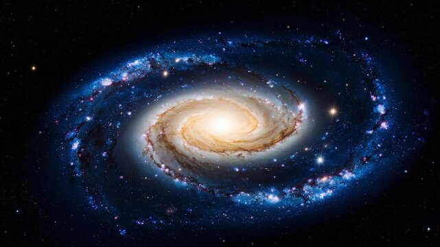 Spiral galaxy illustration featuring bright stars and colorful cosmic dust, nebulae in the deep blackness of space.