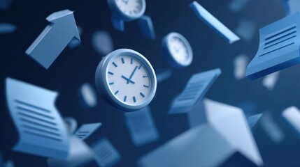 Abstract representation of chaotic documents and clocks floating in space with arrows illustrating time management and organization concepts in a digital realm.