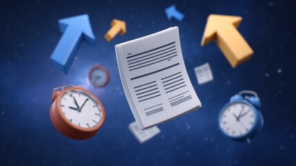 Floating Clocks and Documents in a Chaotic Space Scene with Colorful Arrows Indicating Movement and Time Perception in a Surreal Environment
