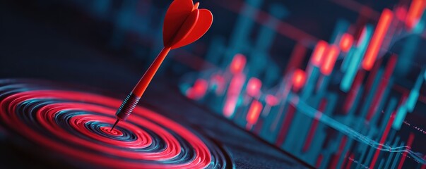 A dart hitting the bullseye symbolizes precision and success, set against a colorful background of data charts, representing analysis and achievement.