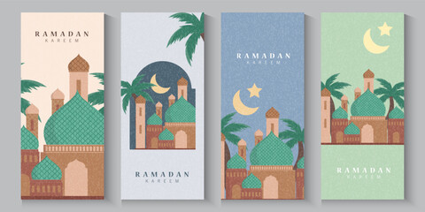 Ramadan Kareem. Islamic greeting card template with mosque, crescent, pattern, window and street for greeting card, background. eid mubarak poster cover  in art style design vector illustration. © Jeff design