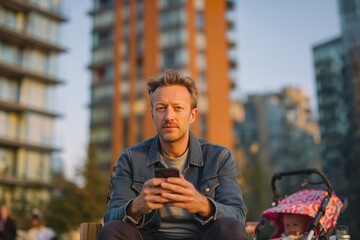 Family man enjoying sunset while relaxing and using smartphone in a modern urban setting