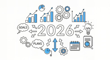 2026 Business Planning Line Art with Icons - Strategy, Goals, Analytics and Tech Outline Illustration

