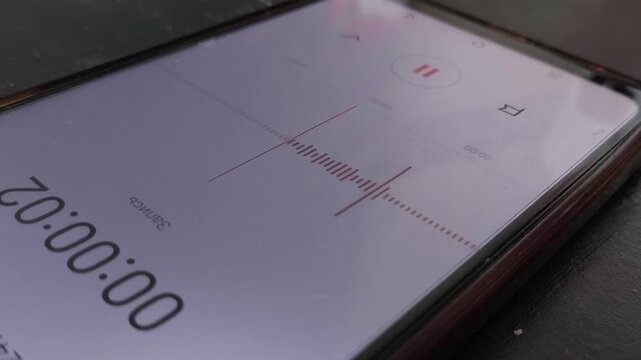 A woman's hand turns on the recording on a voice recorder on the phone. Audio recording for testimony