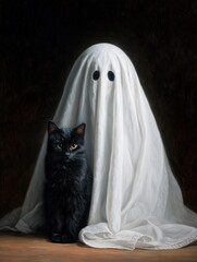 Charming ghost in a white sheet pairs playfully with a curious black cat on a cozy evening