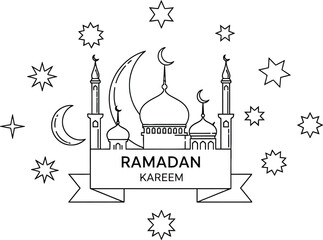 Ramadan Kareem Lanterns and Celestial Bodies Illustration Featuring Mosque and Stars