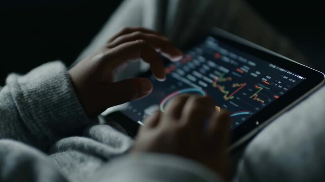 A person uses a tablet in a dark room, examining charts and data. The fingers tap and scroll through information. This is a focused moment of analysis