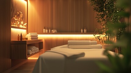Spa interior with massage bed and lighting