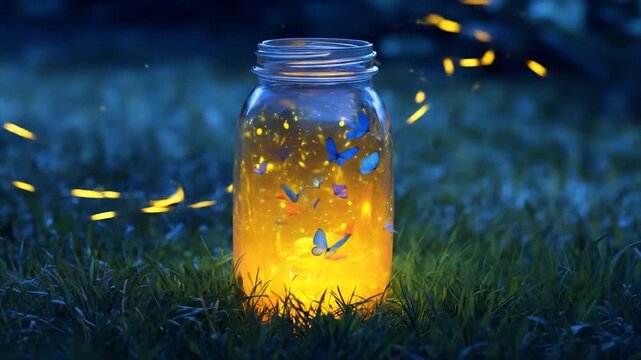 Glowing jar of fireflies at night with nature background