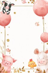 Cute farm animals celebrate a birthday with colorful balloons and charming designs in a delightful party invitation template