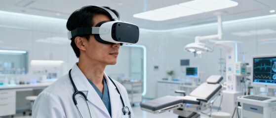 Doctor using VR headset in medical room