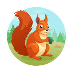 Obraz premium A cute cartoon vector illustration of an orange squirrel with a nut sitting on a forest branch featuring a long furry tail and funny red animal design