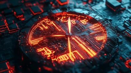 Abstract digital clock face with glowing elements and circuit board design - Powered by Adobe