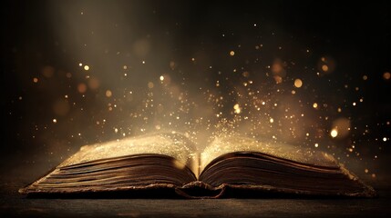 An open book emits golden sparkles, creating a mystical atmosphere, suggesting magic or knowledge emanating from its pages.