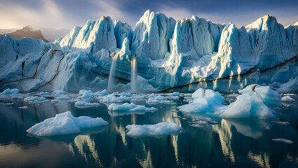 Iceberg floating in calm water landscape.