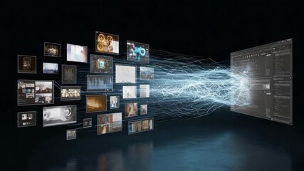 Digital Fusion: Data streams converge, symbolizing the exchange of information. Images flow into a central processing unit, demonstrating a technological concept. - Powered by Adobe