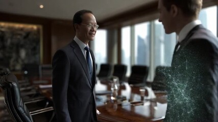 Negotiation in the Boardroom: Two professionals, impeccably dressed in business attire, engage in a pivotal conversation within a modern boardroom, embodying professionalism and strategic thinking. 