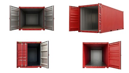 Red Shipping Container Mockup Set with Open Doors and Detailed Interior Views Isolated on White