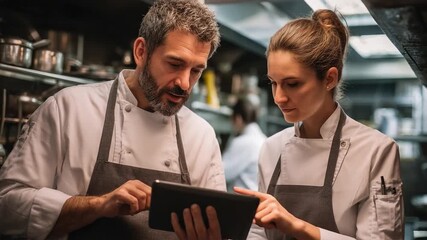 Chefs at work: A close-up view capturing two focused chefs in a professional kitchen, collaborating with a tablet. The image highlights culinary expertise and teamwork.