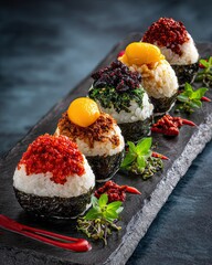 Gourmet Japanese Onigiri Rice Balls with Spicy Toppings and Egg Yolk, Traditional Japanese Cuisine on Stone Plate, Restaurant Style Food Photography