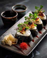 Gourmet Japanese Onigiri Rice Balls with Seaweed, Microgreens and Spicy Sauce, Modern Restaurant Style on Dark Stone Plate