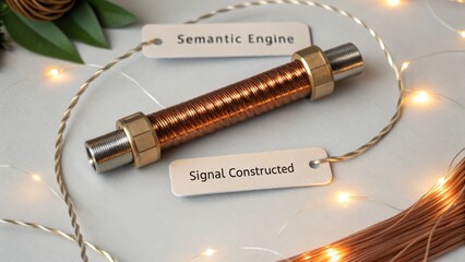 Copper coil with nuts featuring labels for semantic engine and signal constructed in a creative flat lay arrangement