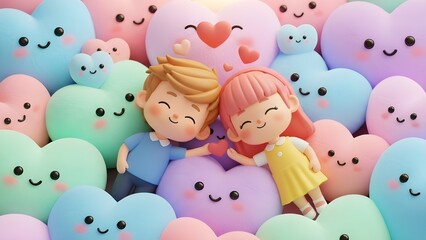 Cute 3D cartoon couple surrounded by colorful heart characters