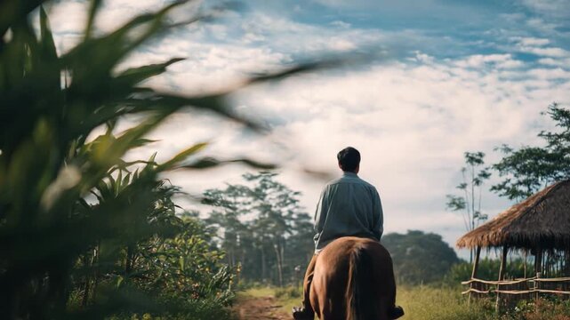 Rider in the wilderness: A solitary figure, astride a horse, ventures into an unspoiled landscape under a beautiful sky, exploring the wilderness. 