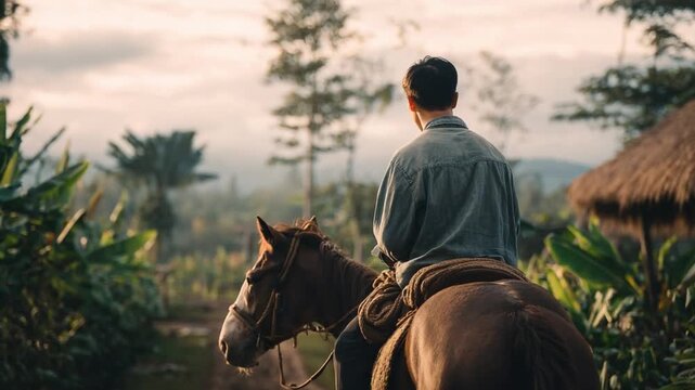 Solitude in the Saddle: A lone rider on horseback, immersed in contemplation amidst a tranquil, nature-filled landscape, embraced by the soft hues of dawn.