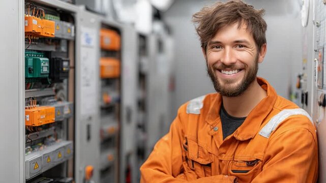 Smiling Engineer with Electrical Panel: A skilled engineer, radiating confidence, poses proudly beside an intricate electrical panel. The scene highlights the intersection of expertise and technology.