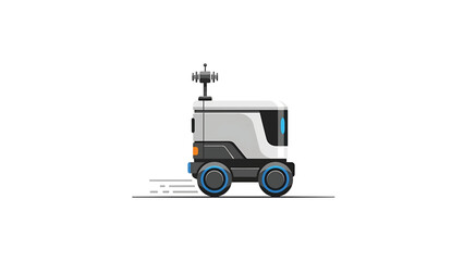 A robotic, rectangular delivery vehicle with wheels and an antenna, rendered in a modern, flat vector style against a stark white backdrop