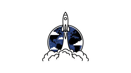 A rocket blasts off from Earth, represented by a stylized blue and black globe in the night sky with clouds, using a simple line art