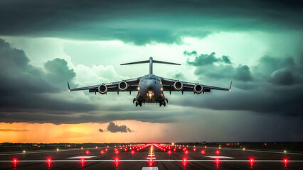 Naklejka premium A massive military transport plane takes off against a dramatic stormy sky