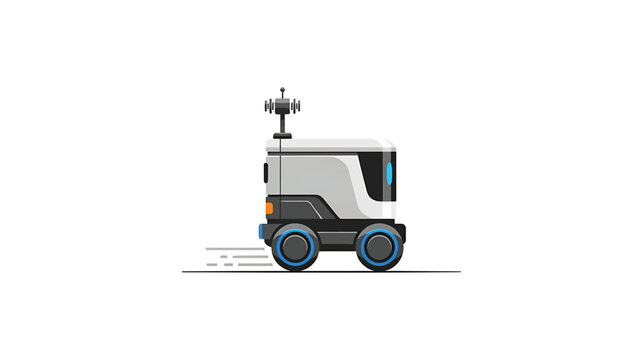 A robotic, rectangular delivery vehicle with wheels and an antenna, rendered in a modern, flat vector style against a stark white backdrop - Powered by Adobe