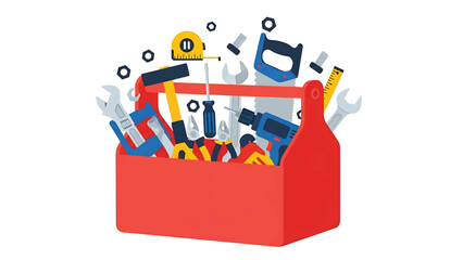 A red toolbox, filled with an assortment of common hand tools and hardware, is depicted against a clean white backdrop