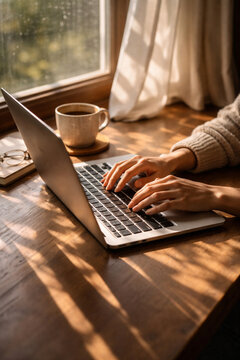 Person's hands typing on a laptop at a wooden desk with coffee and notebook, bathed in warm sunlight from a window.
