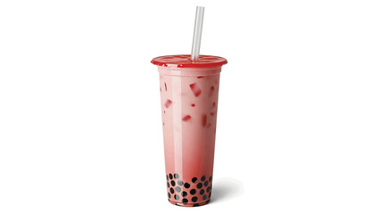 A refreshing, cool beverage with a pinkish hue, boba pearls, and a straw, ideal for relaxation or a sweet treat. The container is sealed