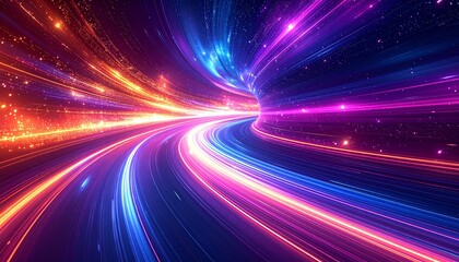 Abstract digital light tunnel with vibrant glowing lines creating a sense of speed and futuristic motion.