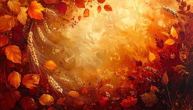 Vibrant abstract autumn background with scattered leaves and wheat stalks in warm, glowing hues.