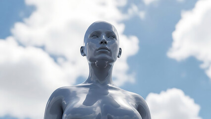 A futuristic digital art rendering of a metallic female figure against a beautiful cloudy sky