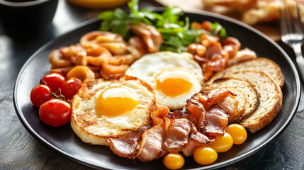 Hearty breakfast plate with eggs bacon toast vegetables and fresh herbs for a satisfying morning
